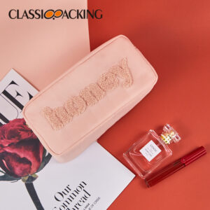 Towel Embroidered Letters Wash Bag Travel Large Capacity Zipper Storage Bag Nylon Pink Cosmetic Bag